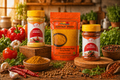Three spice containers on a wooden surface with fresh vegetables and herbs in the background